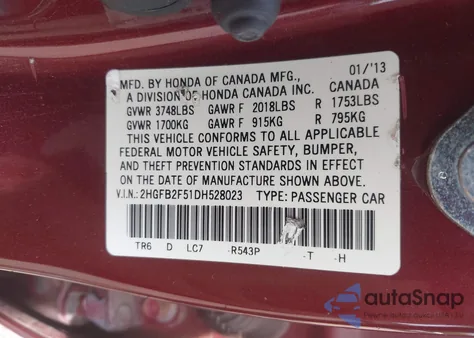 2013 Honda Civic Lx from USA, damaged, VIN 2HGFB2F51DH528023